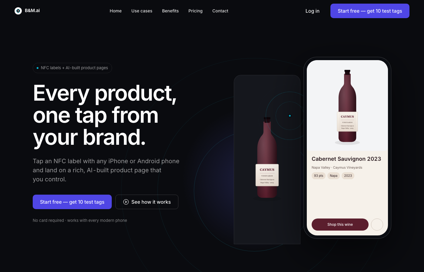 B&M.ai: a phone tapping a wine bottle's NFC label and opening the product page