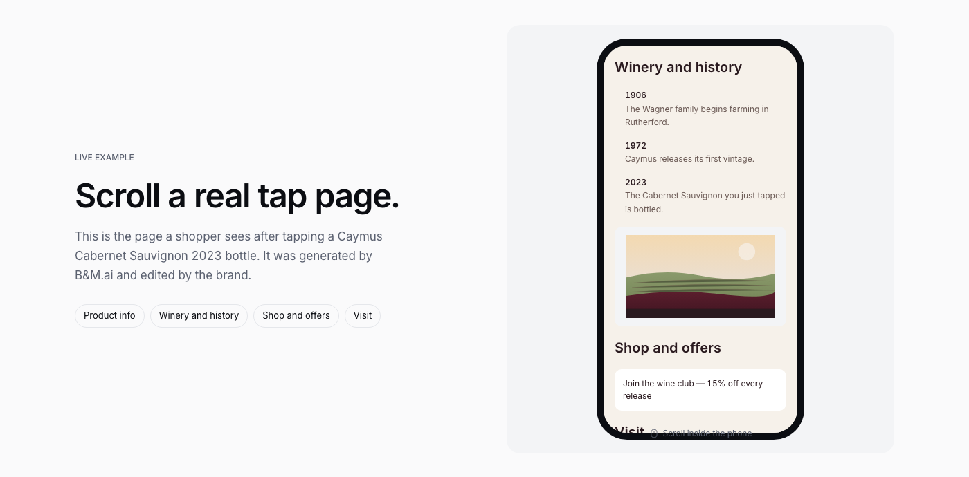 A real tap page for a Cabernet Sauvignon 2023 showing winery history, shop and offers
