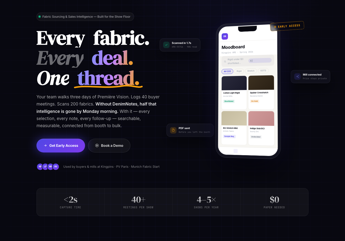 DenimNotes landing page: 'Every fabric. Every deal. One thread.' with a phone showing a Kingpins moodboard