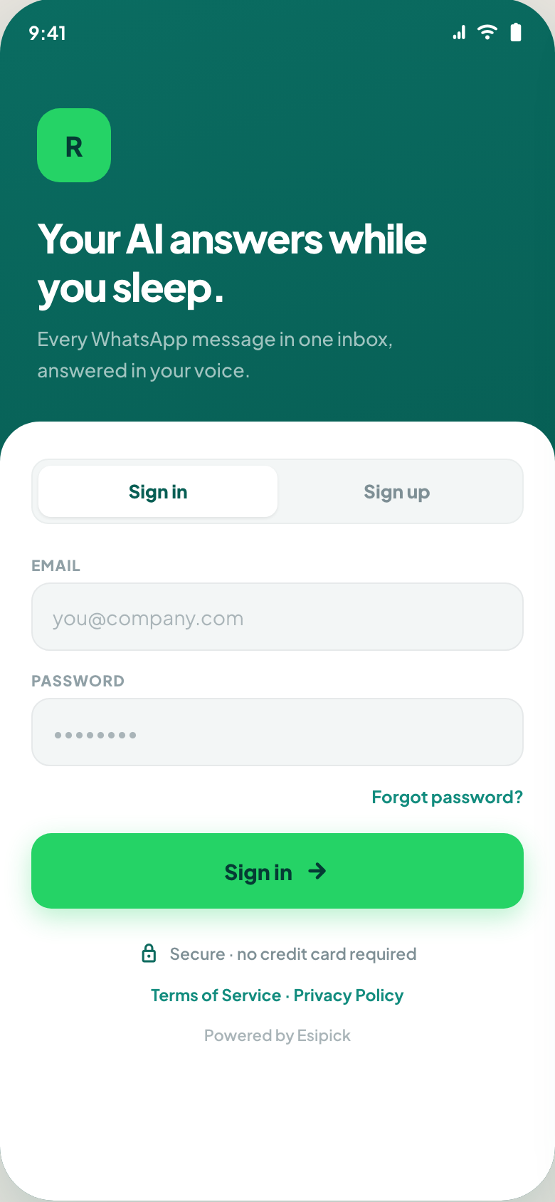 Mobile sign-in screen