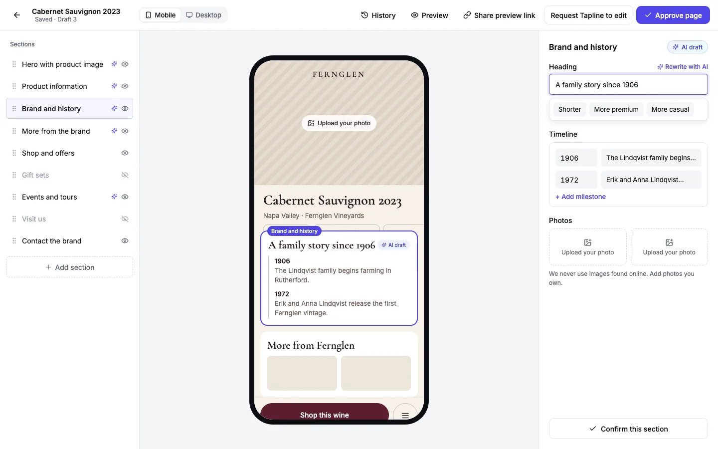 Page editor with sections list, live phone preview and AI rewrite
