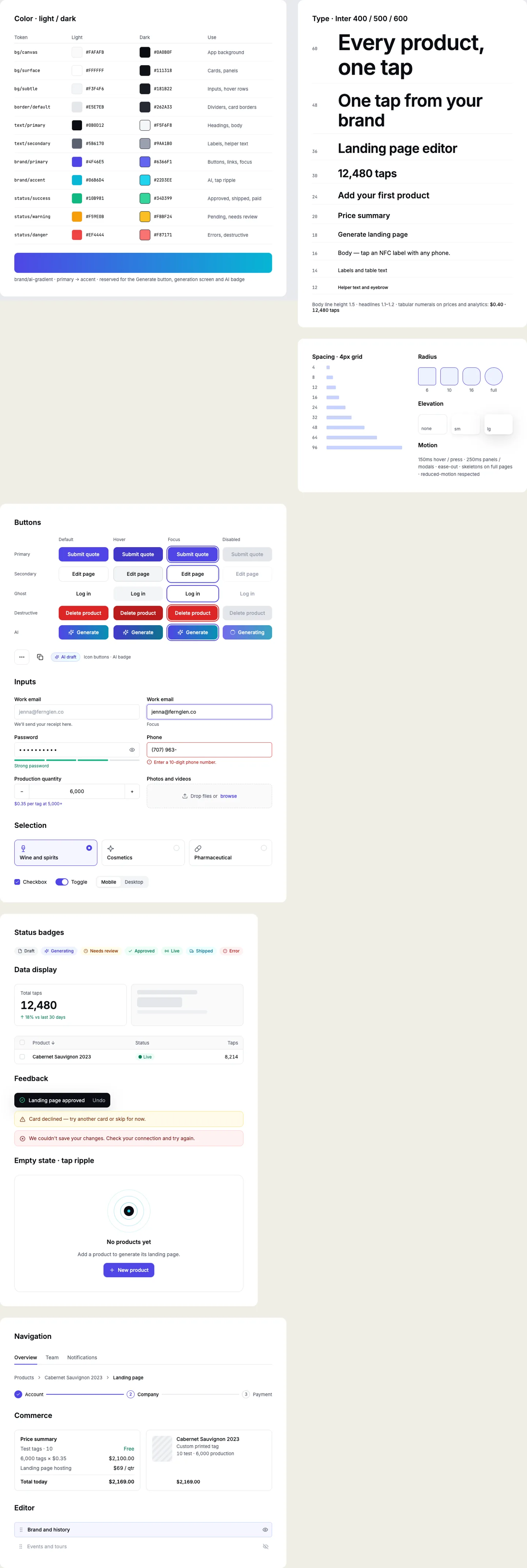 Tapline design foundations: colour tokens, type, components