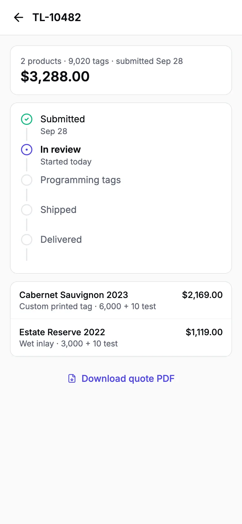 NFC tag order detail in the mobile app