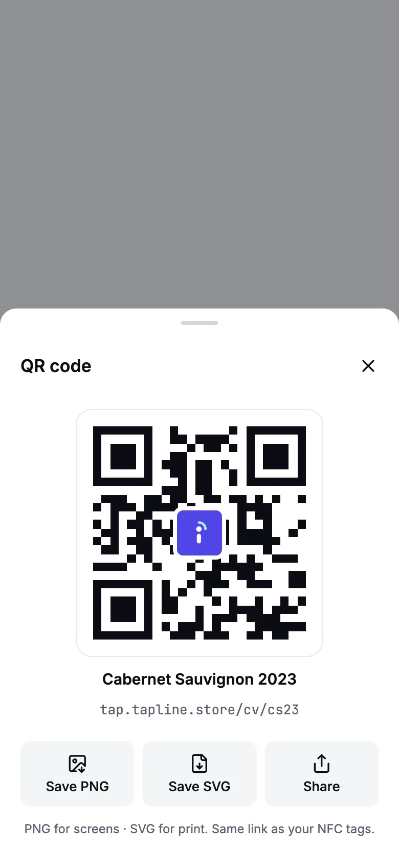 QR code sheet in the mobile app