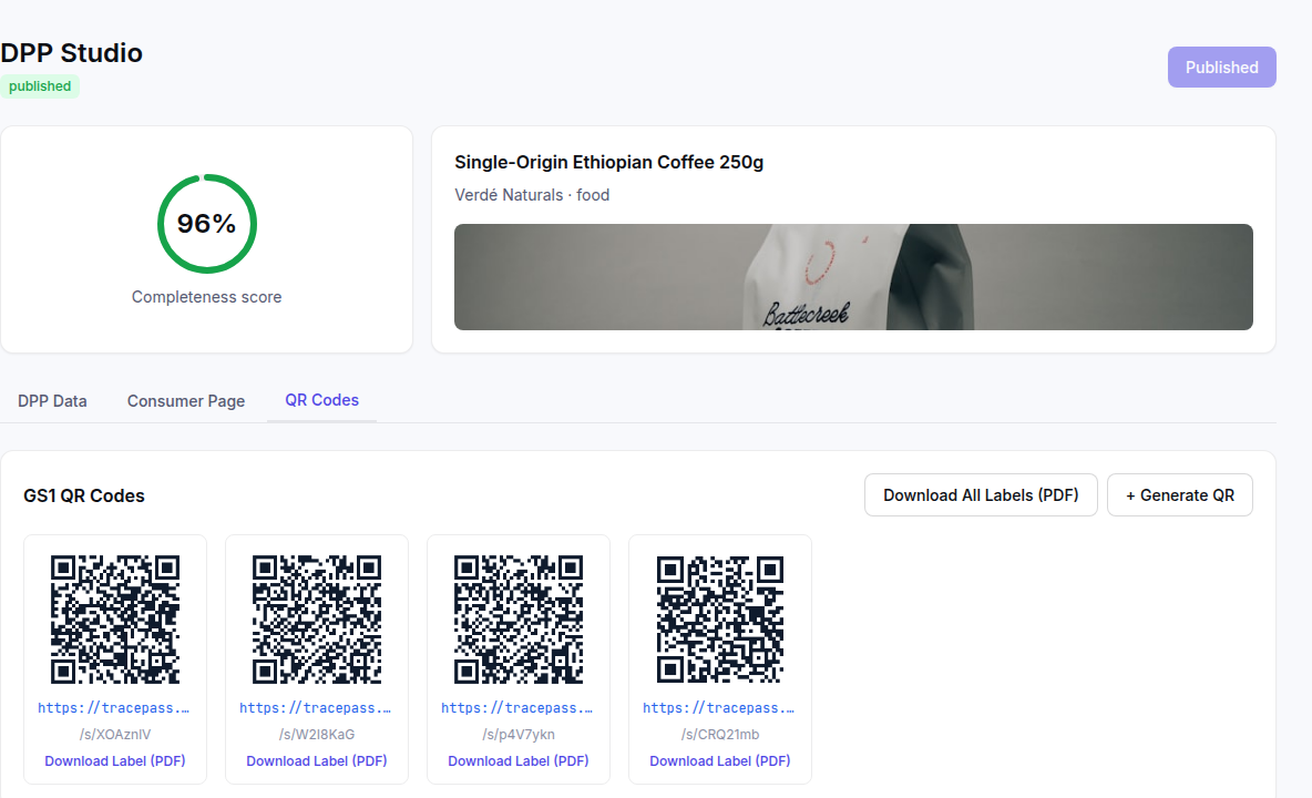 DPP Studio showing a completeness score and real GS1 QR codes generated for a product