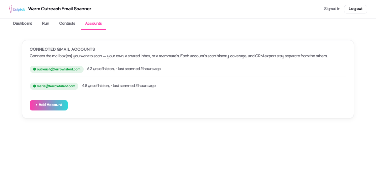 Accounts screen showing two connected Gmail accounts with years of history each