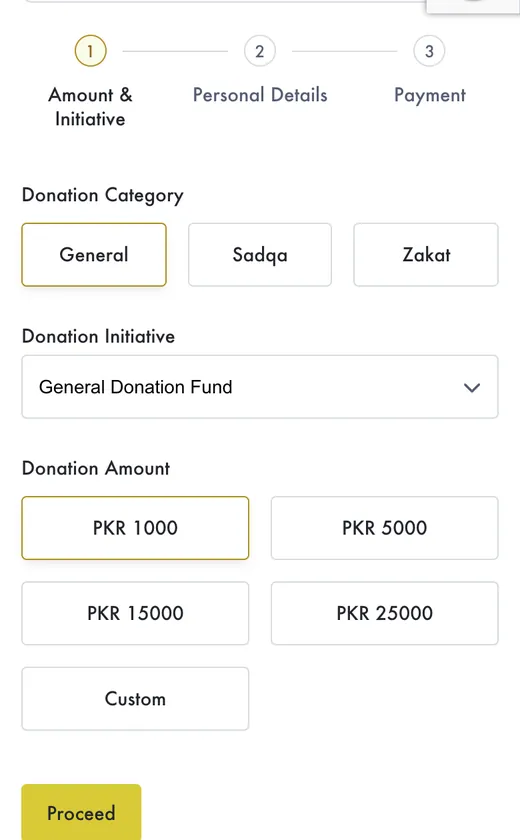 The same donation form on a 390 pixel wide phone screen, in a single column