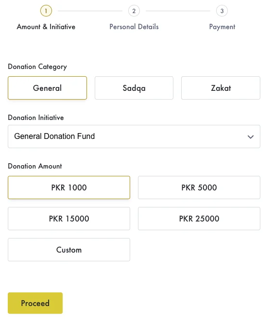 Step one of Rizq's donation form: choose General, Sadqa or Zakat, pick an initiative, choose PKR 1000, 5000, 15000, 25000 or a custom amount
