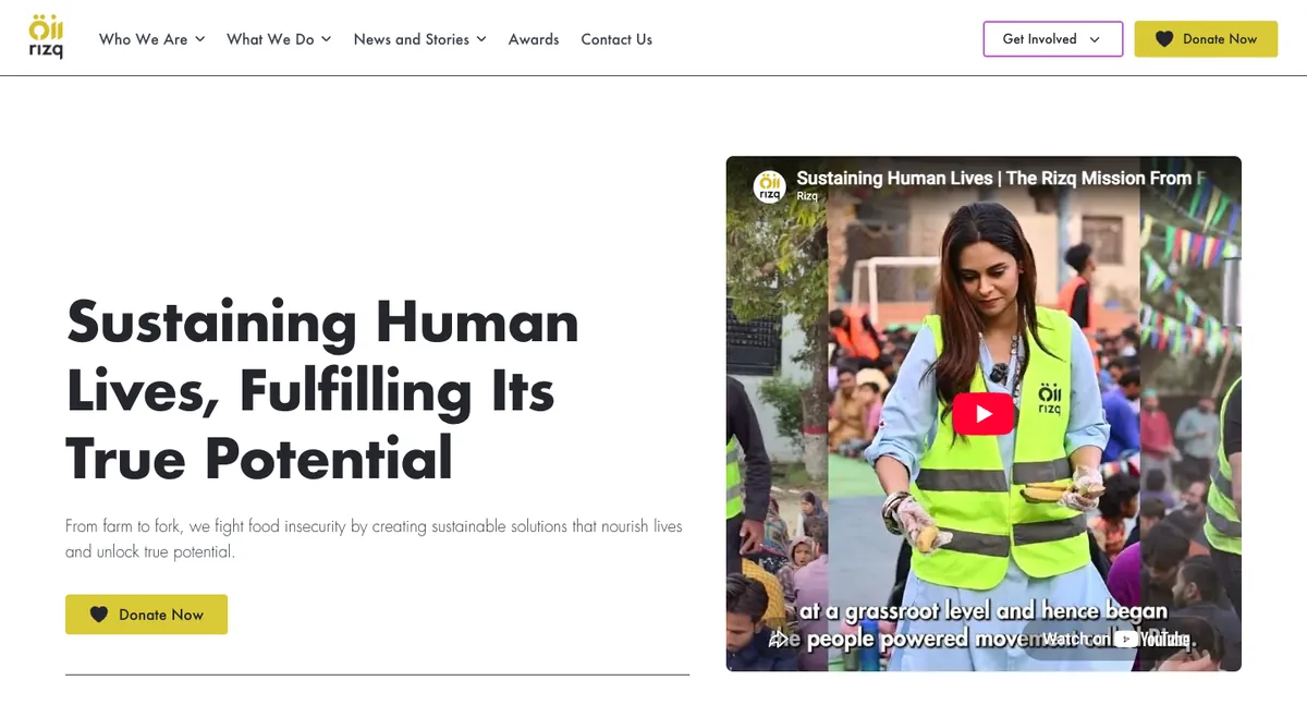 The rizq.org homepage: a Donate Now button in the top bar, the headline 'Sustaining Human Lives, Fulfilling Its True Potential' and an embedded mission video