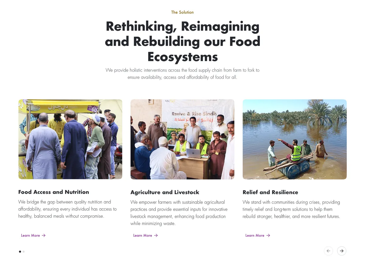 Section of the Rizq homepage introducing three of its six work areas with photographs and Learn More links: Food Access and Nutrition, Agriculture and Livestock, Relief and Resilience