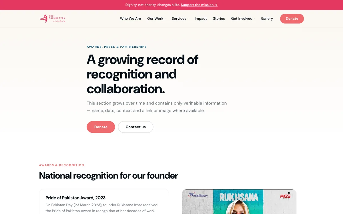 Screenshot of the Awards, Press and Partnerships page