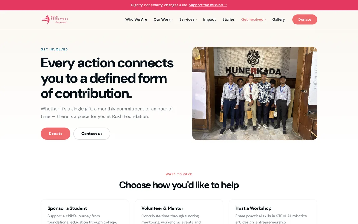 Screenshot of the Get Involved page listing ways to give