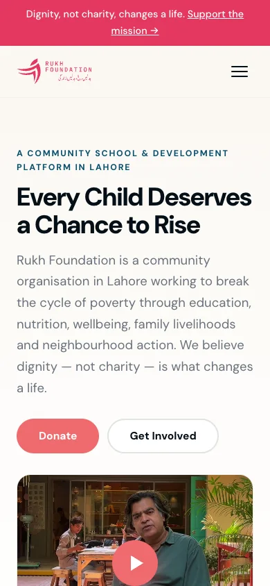 The Rukh Foundation home page on a phone, with the donate button visible