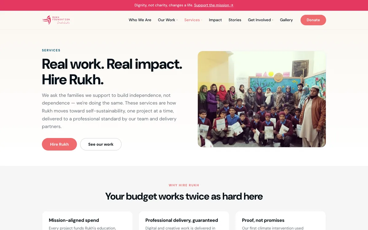 Screenshot of the Services page of rukh.foundation, with a group photo and a list of reasons to hire Rukh
