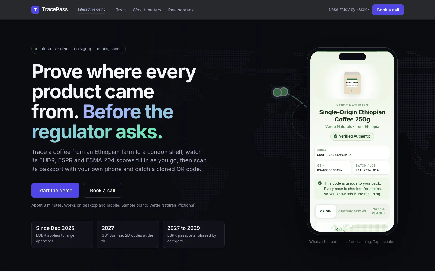 TracePass demo: a digital product passport for coffee