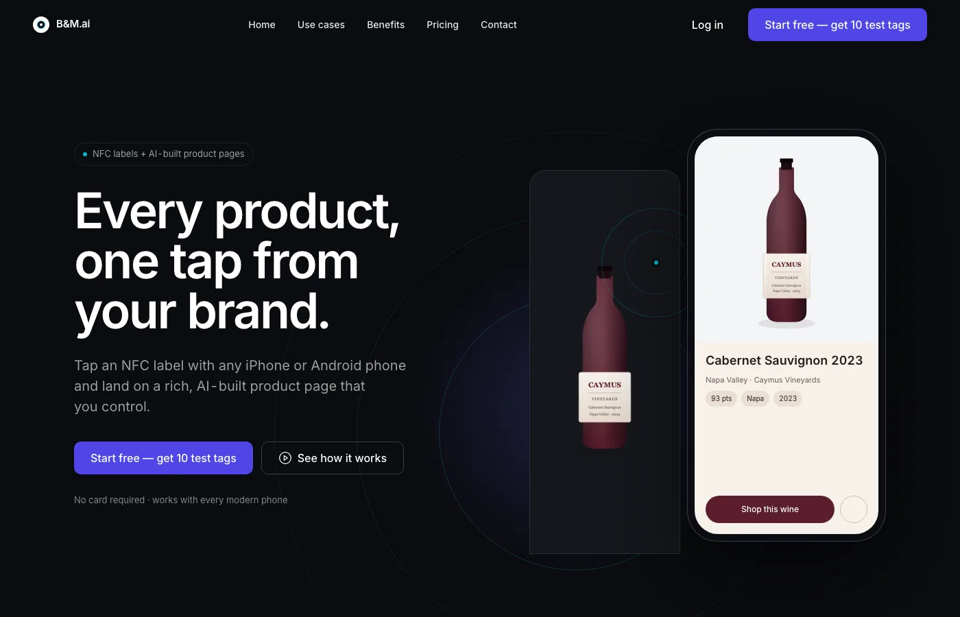 B&M.ai landing page: every product, one tap from your brand
