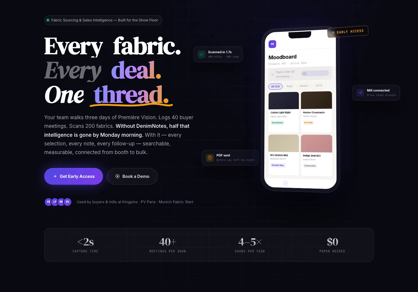 DenimNotes landing page: every fabric, every deal, one thread