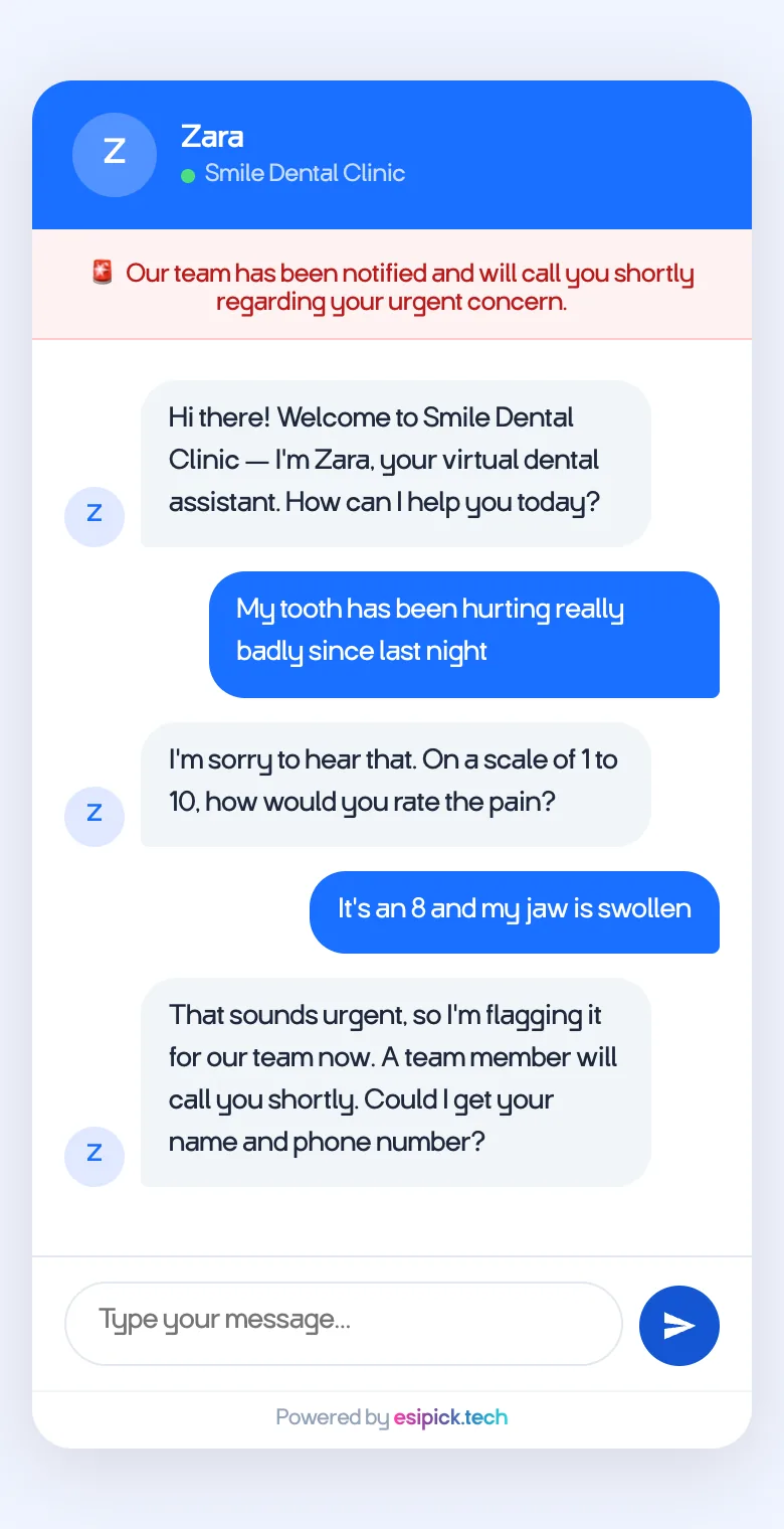 Esipick Dental patient chat with an urgent concern escalated to the team