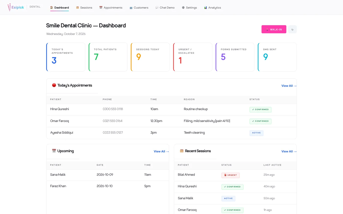 Esipick Dental admin dashboard with today's appointments and sessions
