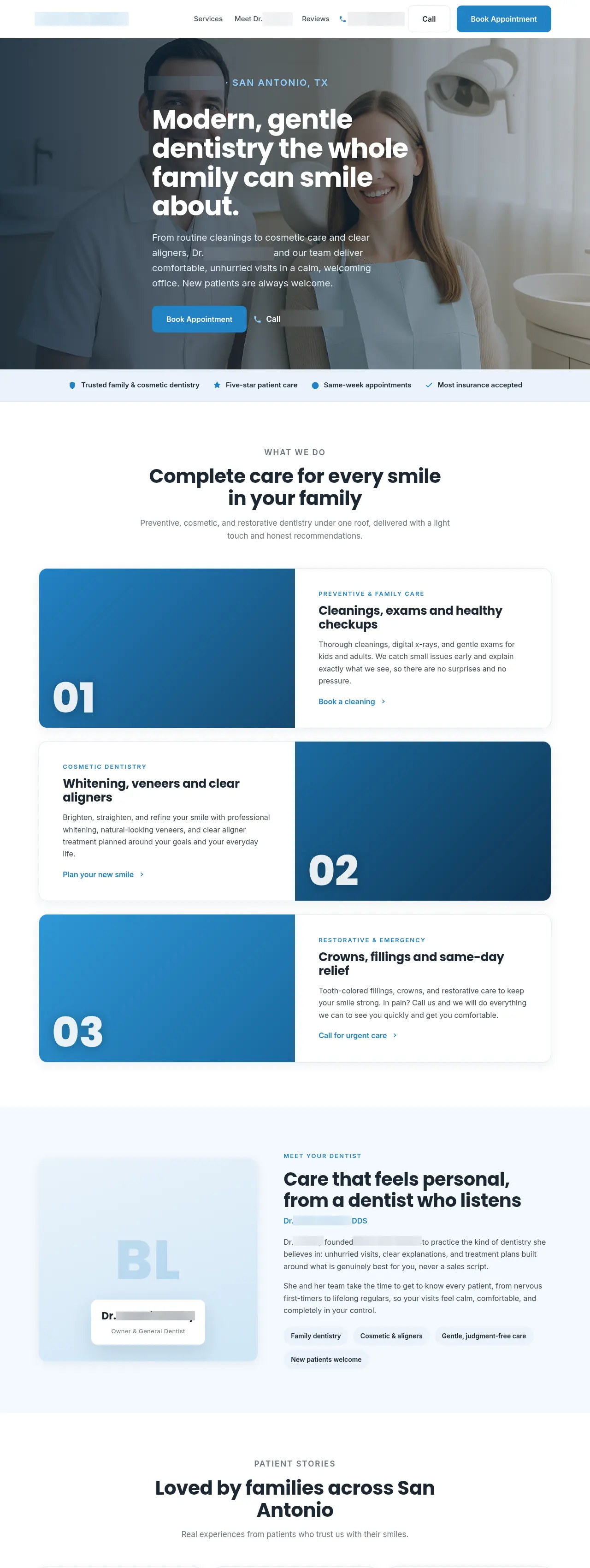 The same practice homepage rebuilt in its own brand by the outreach engine