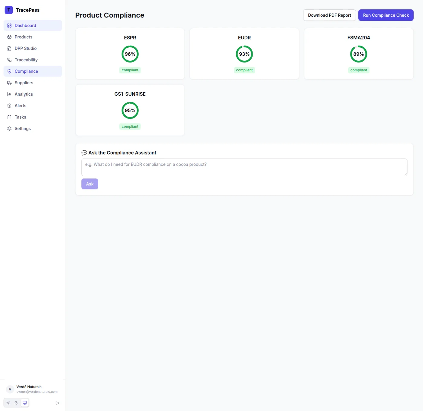 TracePass product compliance screen