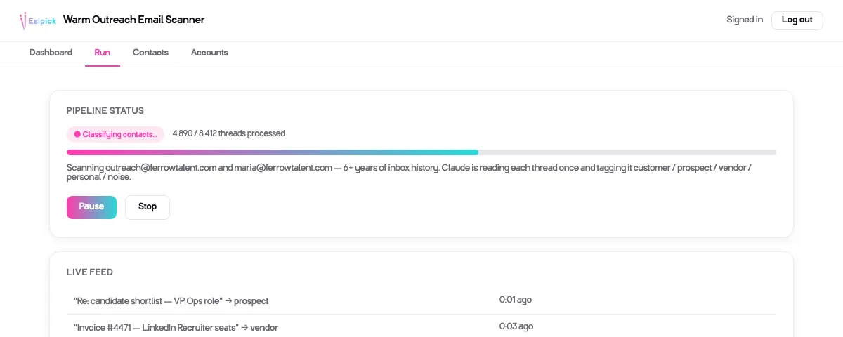 Warm Outreach: scanning email threads