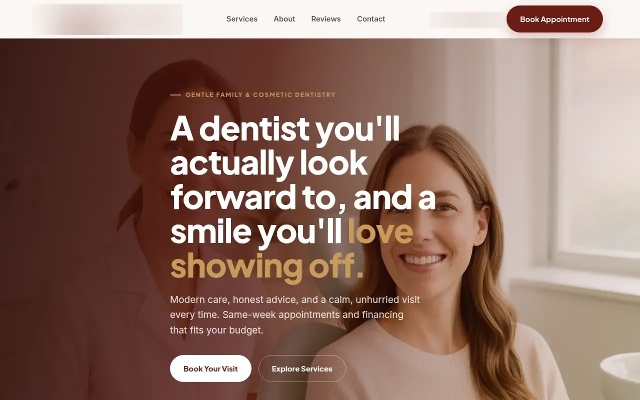 A rebuilt dental practice homepage produced by the overnight outreach engine, business details blurred