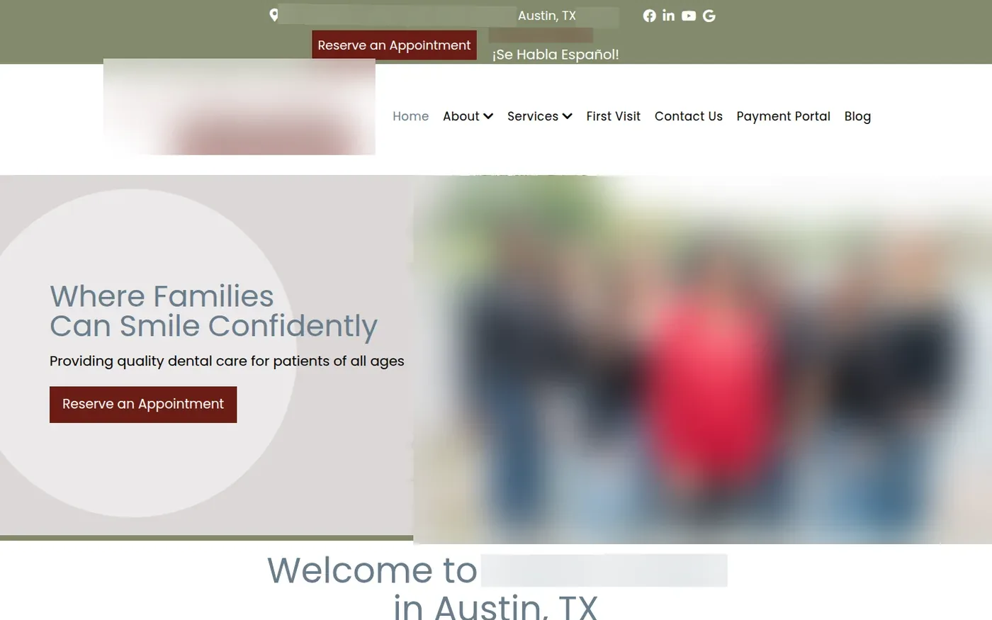 The prospect's original dated homepage, business details and faces blurred