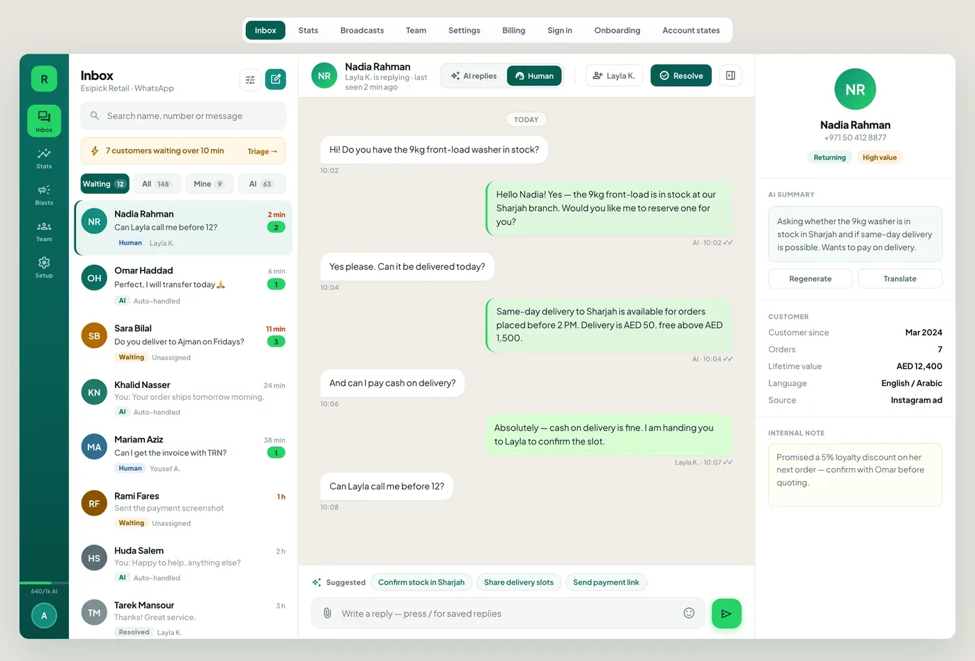 The Replify team inbox with an AI-assisted WhatsApp conversation