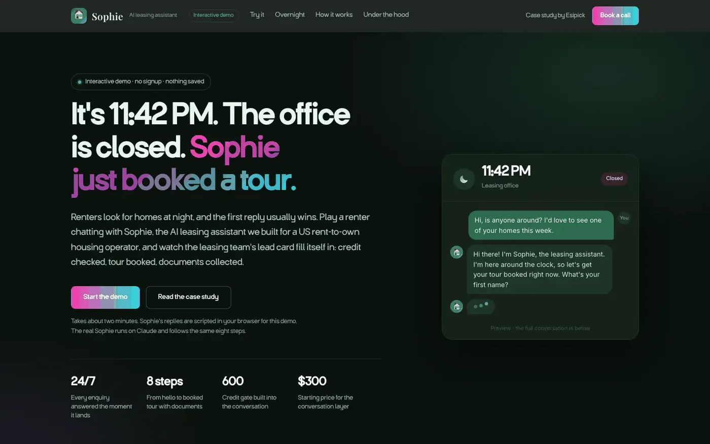 Sophie answering a renter at 11:42 PM, from the interactive demo