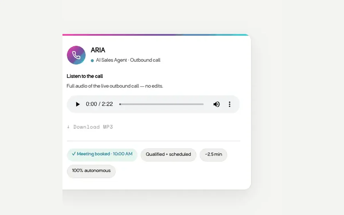 ARIA call player with the booked meeting