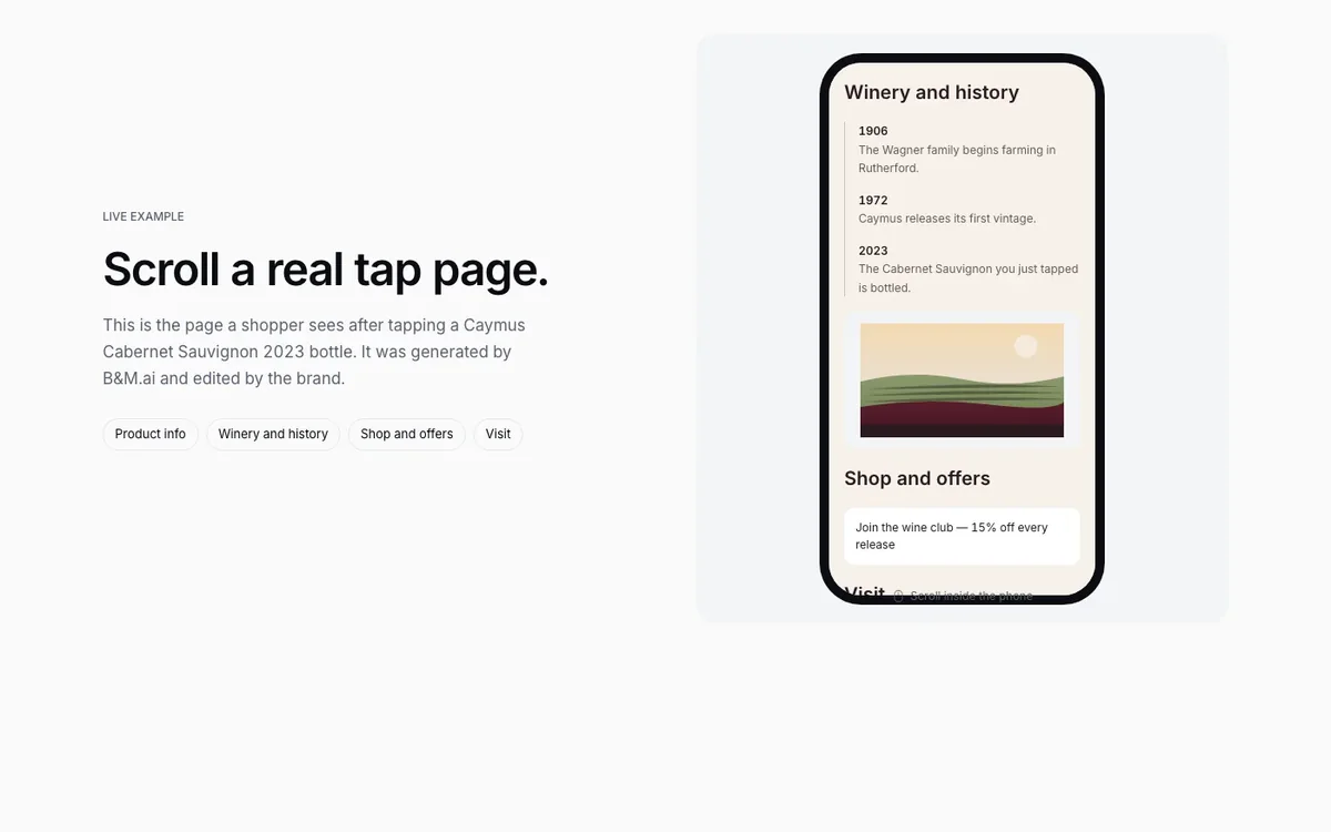 A B&M.ai tap page as a shopper sees it