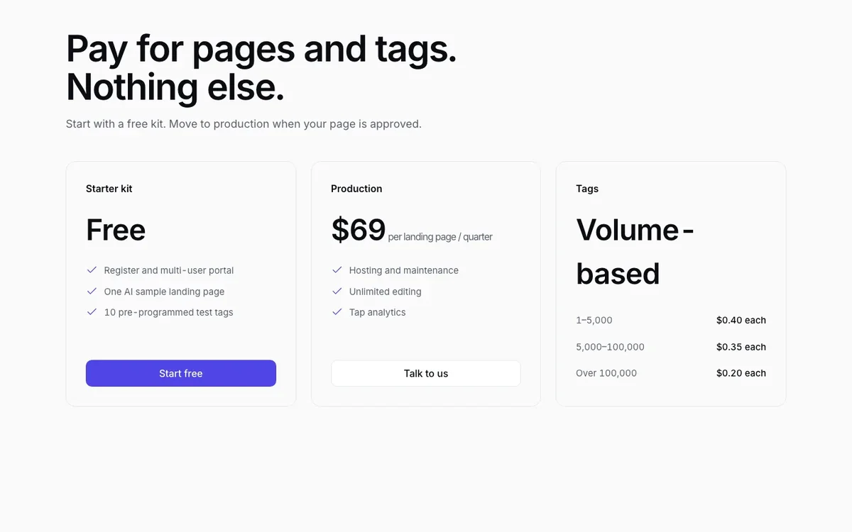 B&M.ai pricing for pages and tags