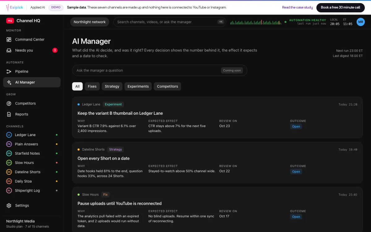 Channel HQ AI Manager feed of decisions with outcomes
