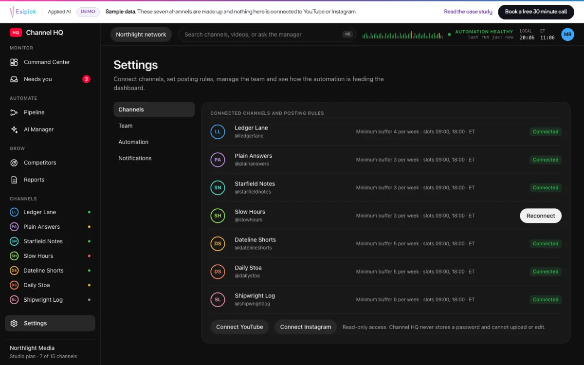 Channel HQ settings listing connected channels and posting rules