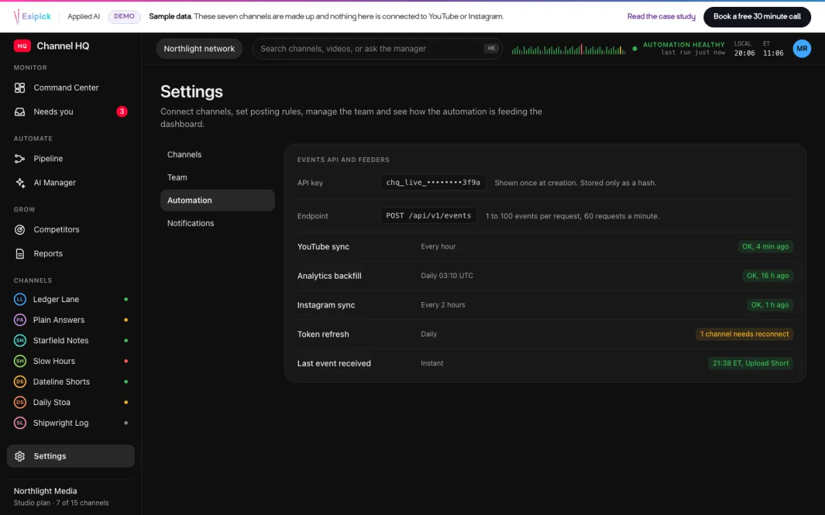 Channel HQ automation settings with the events API and feeder status