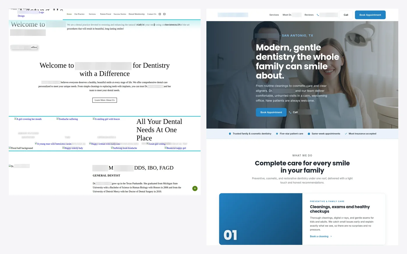 Before and after dental homepage produced by the outreach engine