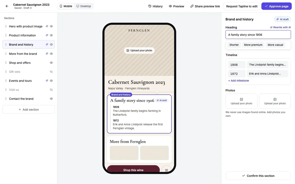 Tapline AI page editor with a phone preview