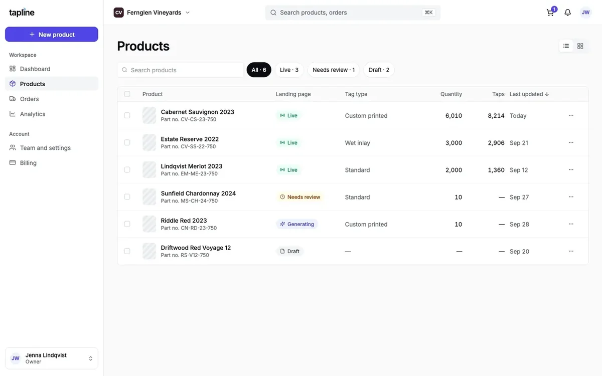 Tapline products list