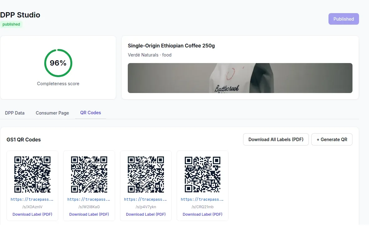 TracePass Digital Product Passport with GS1 QR codes