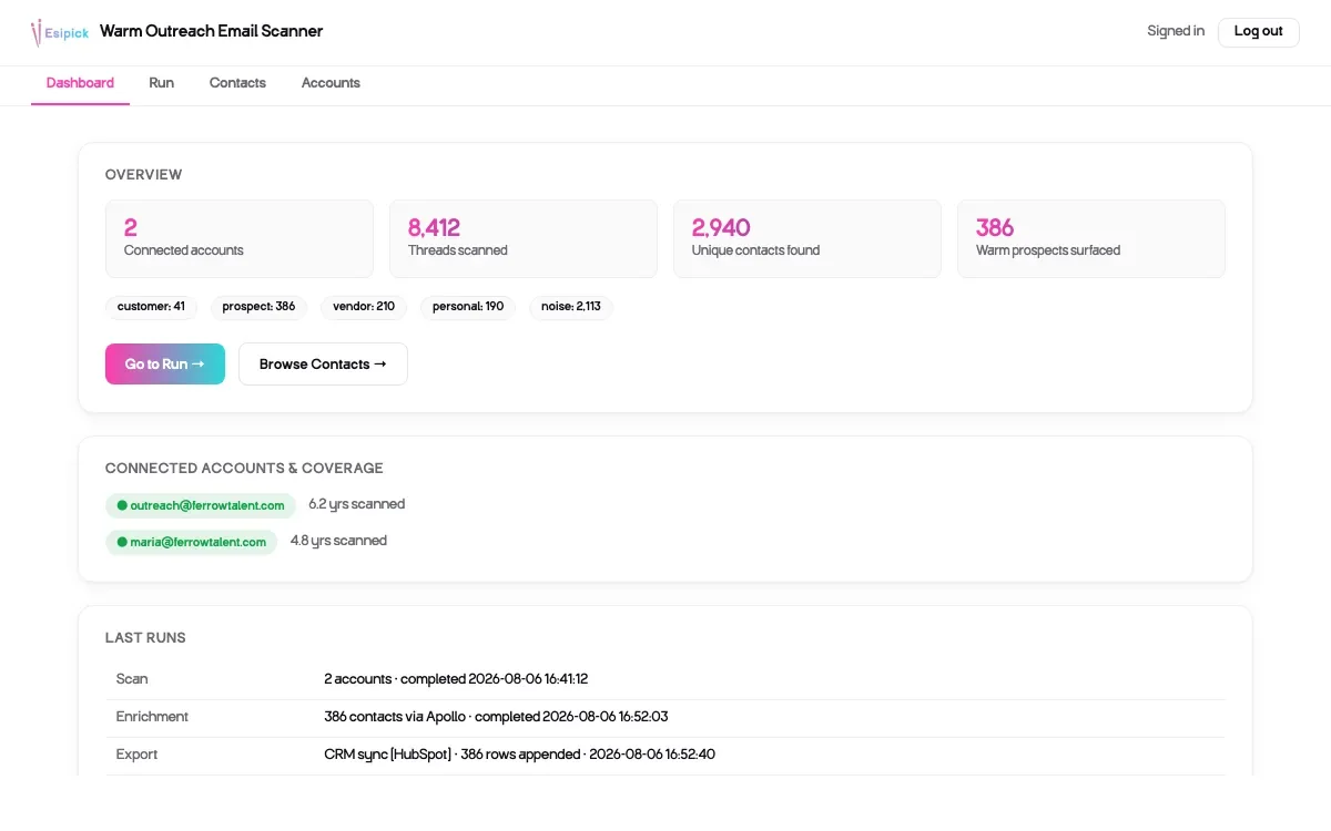 Warm Outreach scanner dashboard