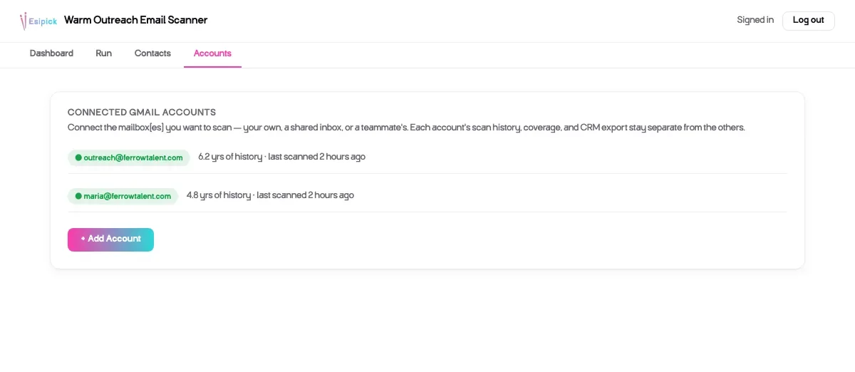 Warm Outreach step 1, connect Gmail accounts